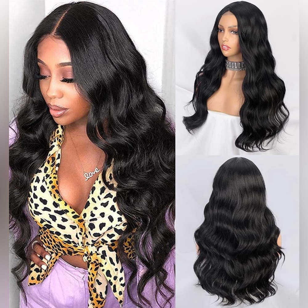 Human hair blend lace front black wave wig